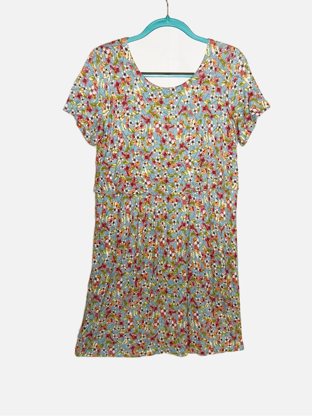 J. Jill Blue Floral Knit Midi Dress Layered Scoop Neck Short Sleeve SZ MP